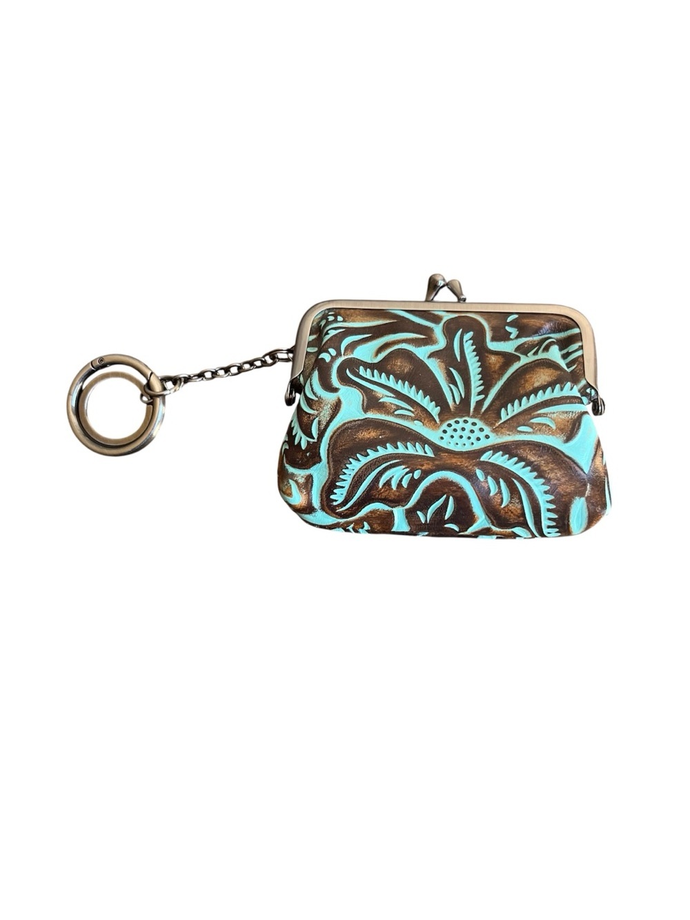 Patricia Nash Borse Tooled Floral Leather Coin Purse Keychain Turquoise Brown